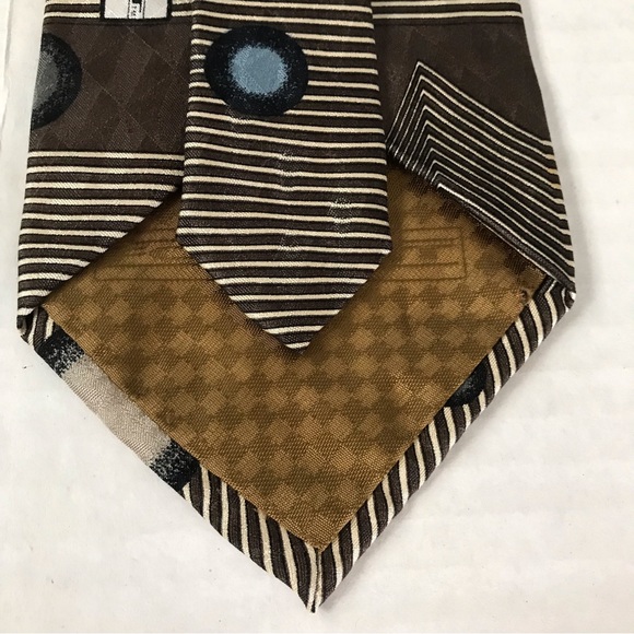 Silk Tie Brown Tan & Blue Geometric Pattern - Picture 2 of 11